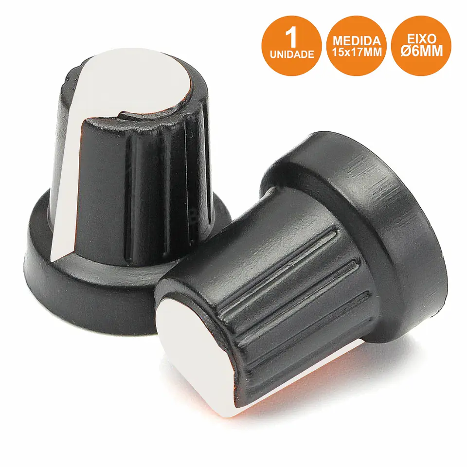 BOTÃO P/ POTENCIOMETRO PRETO C/ LINHA BRANCA 15x17MM 1