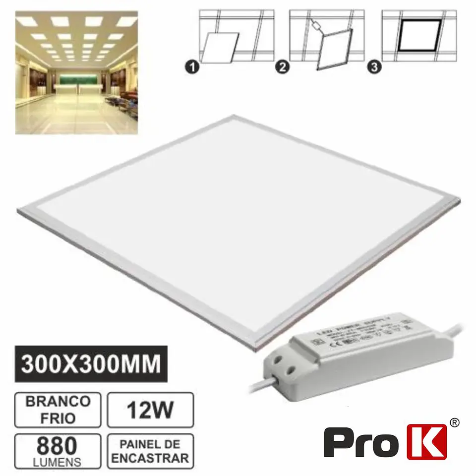 PAINEL LEDS QUADRADO 12W 300MM BRANCO FRIO 880LM PROK 1