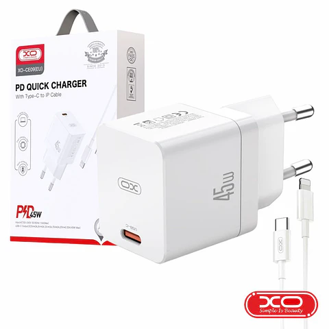 Alimentador 1 USB-C PD 45W + Cabo USB-C P/ Lightning XO