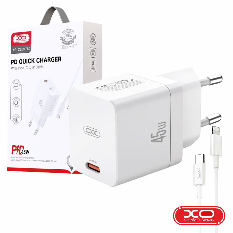 Alimentador 1 USB-C PD 45W + Cabo USB-C P/ Lightning XO 1