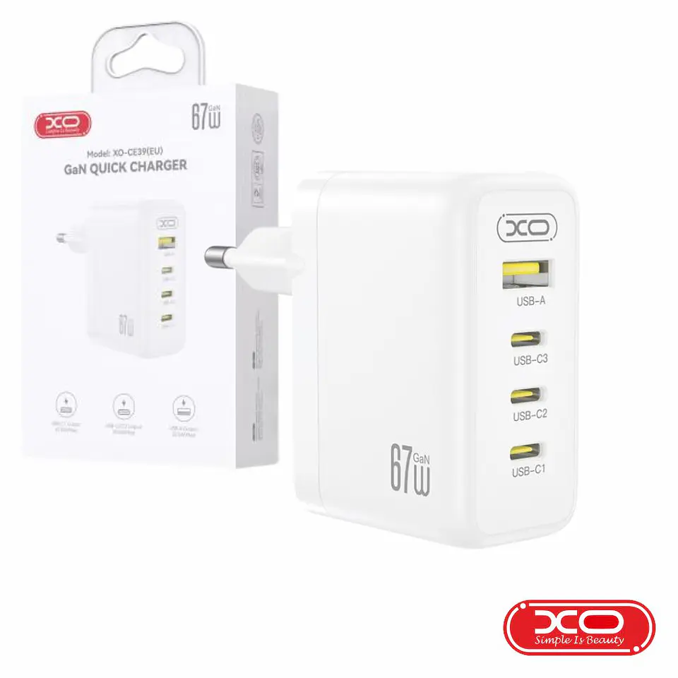 Alimentador 1x USB-A 3x USB-C PD 67W GaN Branco XO 1