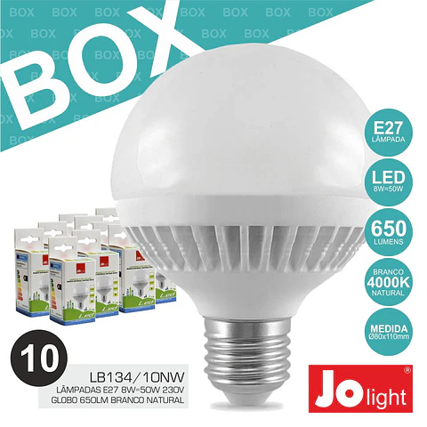 BOX 10 LÂMPADAS E27 8W=50W 230V GLOBO 650LM BRANCO NATURAL