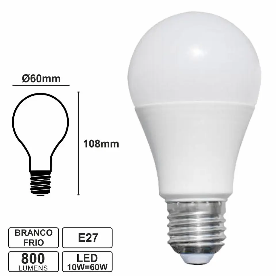 LÂMPADA E27 10W=60W 230V GLOBO 6400K BRANCO FRIO 800LM 1