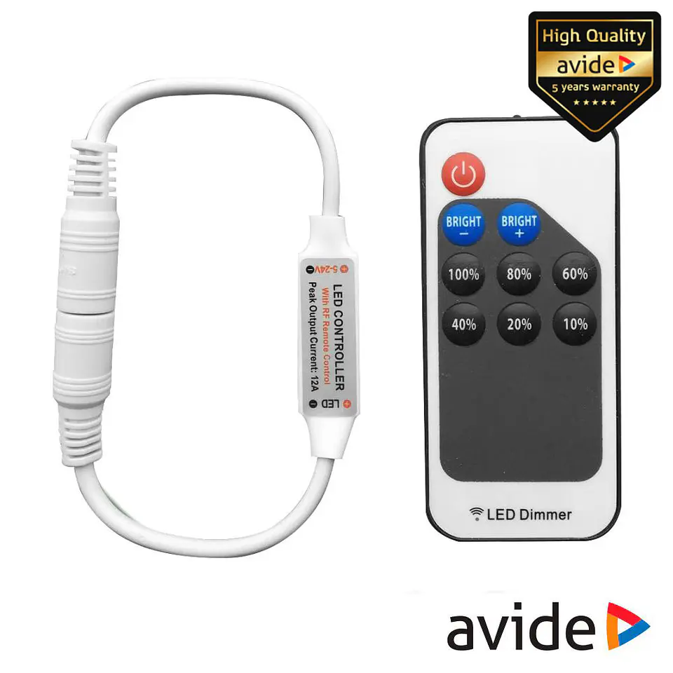 Controlador P/ Fita LEDS Monocor 12/24V 12A C/ Comando AVIDE 1