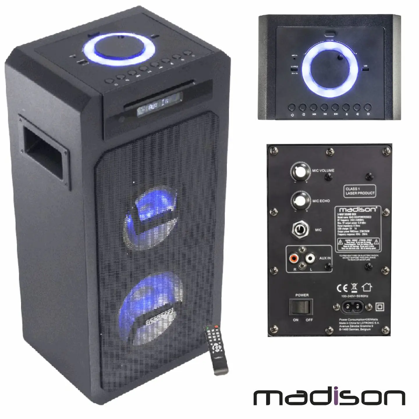 Coluna Amplificada 350W LEDS CD/USB/BT c/ Comando MADISON 1