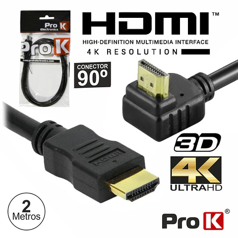 Cabo HDMI Dourado Macho / Macho 2.0 4k Preto 2m 90º PROK