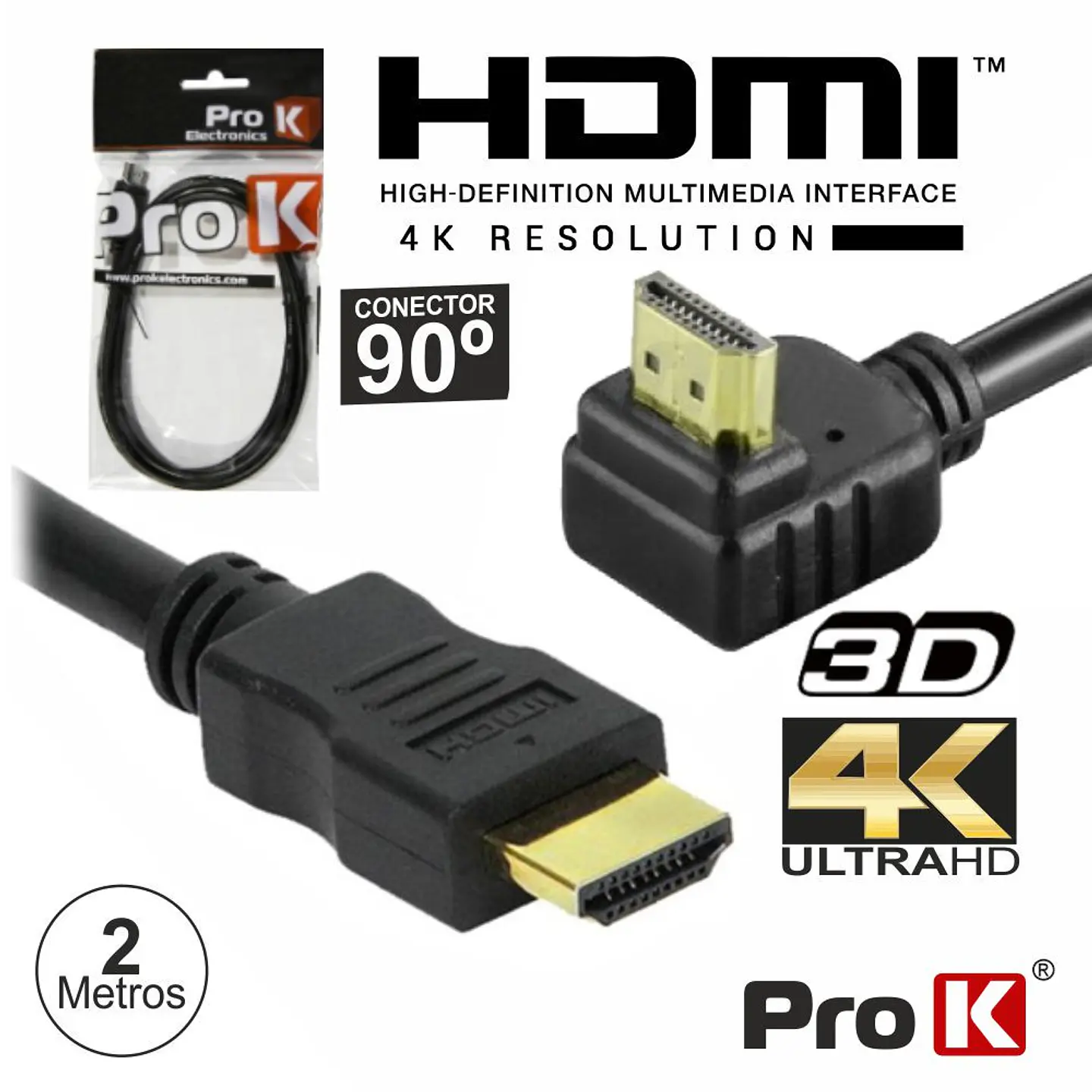 Cabo HDMI Dourado Macho / Macho 2.0 4k Preto 2m 90º PROK 1