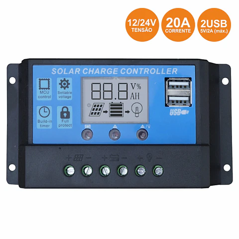 REGULADOR PAINEL FOTOVOLTÁICO 20A 12/24VDC 2X USB
