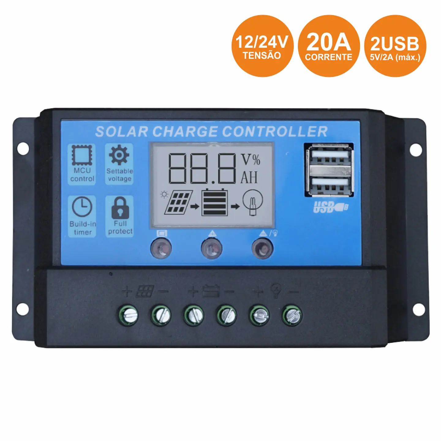 REGULADOR PAINEL FOTOVOLTÁICO 20A 12/24VDC 2X USB 1