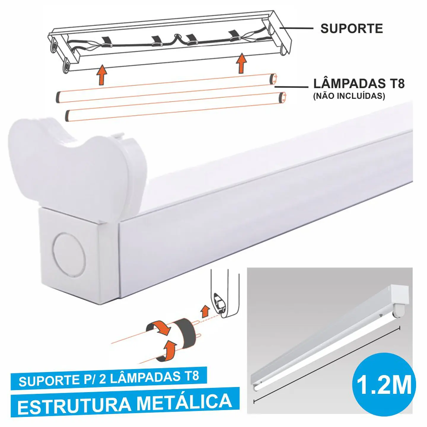 Armadura 1.2m P/ 2 Lâmpadas Tubulares T8 G13 1