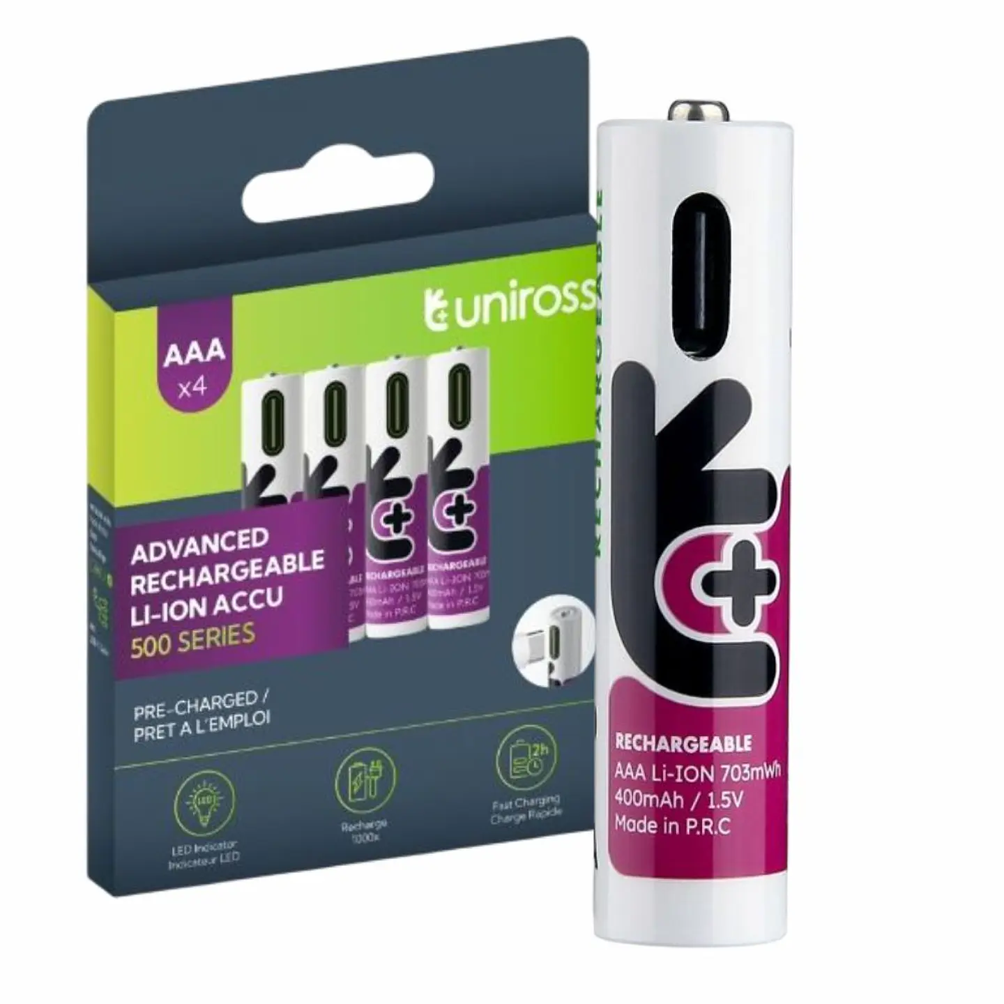 Pilha Lítio 10440/AAA Recarregável 1.5V 500mAh C/ USB-C x4 1