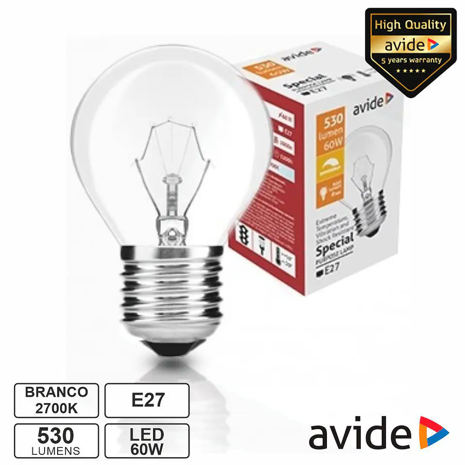 Lâmpada E27 60W Globo Alta Resistência 2700K Dimável AVIDE 1