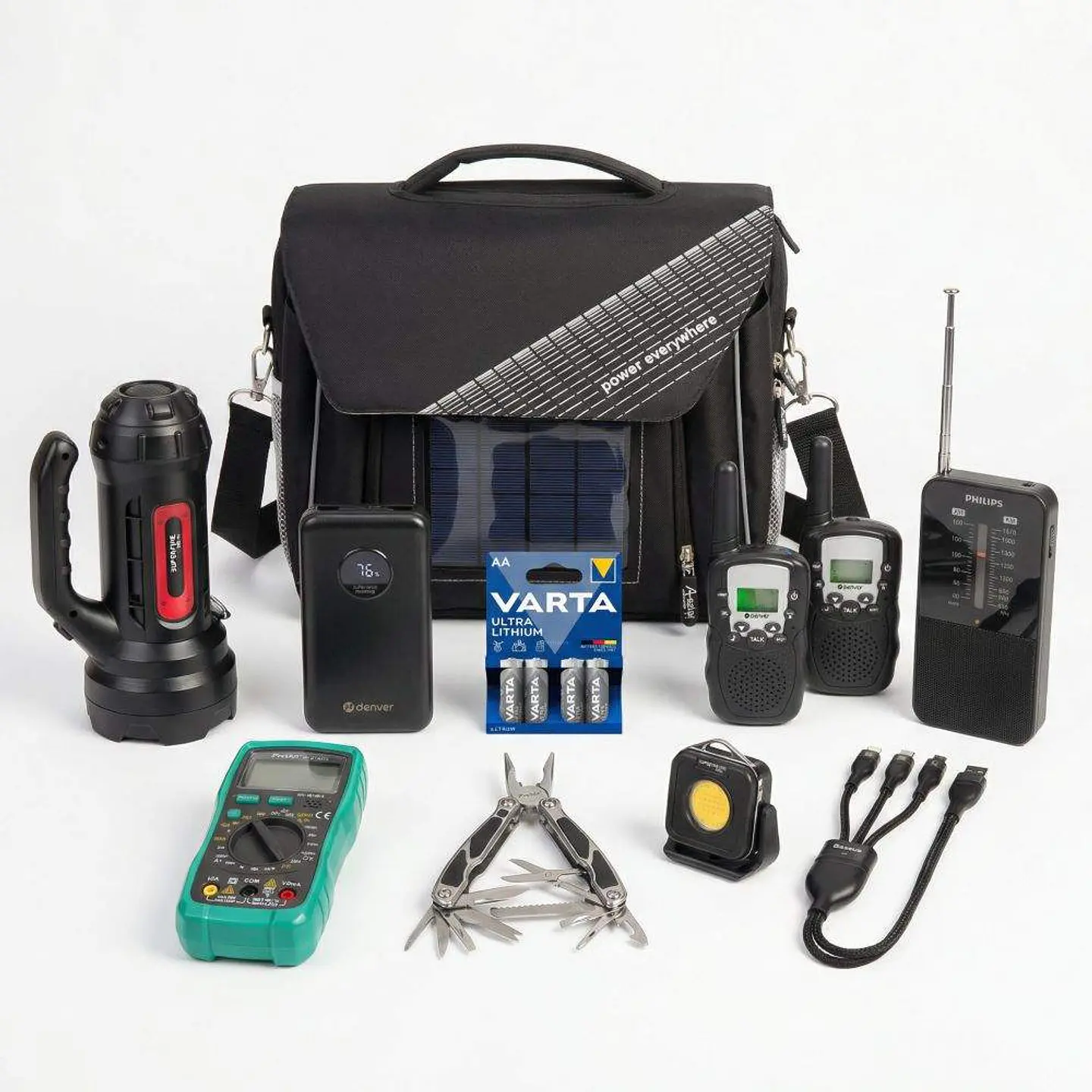 Kit C/ Bolsa Solar + Powerbank + Rádio + Lanterna + Cabo USB 1