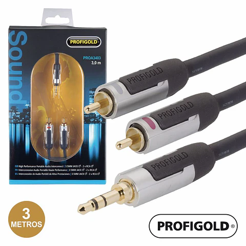 CABO JACK 3.5MM MACHO ST / 2-RCA MACHO 3M PROFIGOLD