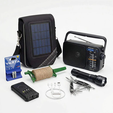 Kit C/ Bolsa Solar + Powerbank + Rádio + Lanterna + Cabo USB