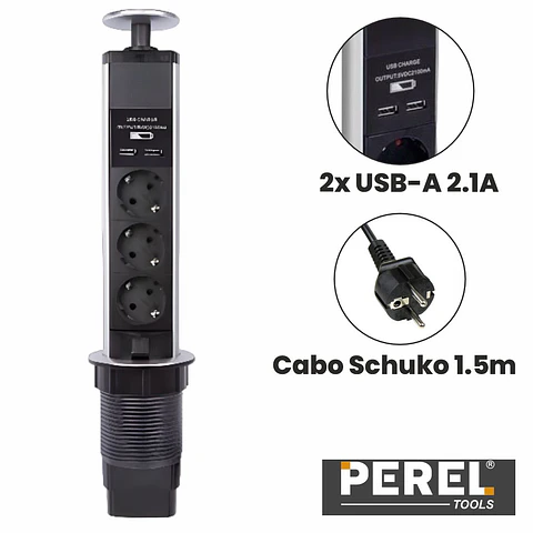 TOMADA ELÉTRICA C/ 3 SAÍDAS E 2 USB 2.1A P/ SECRETÁRIA PEREL