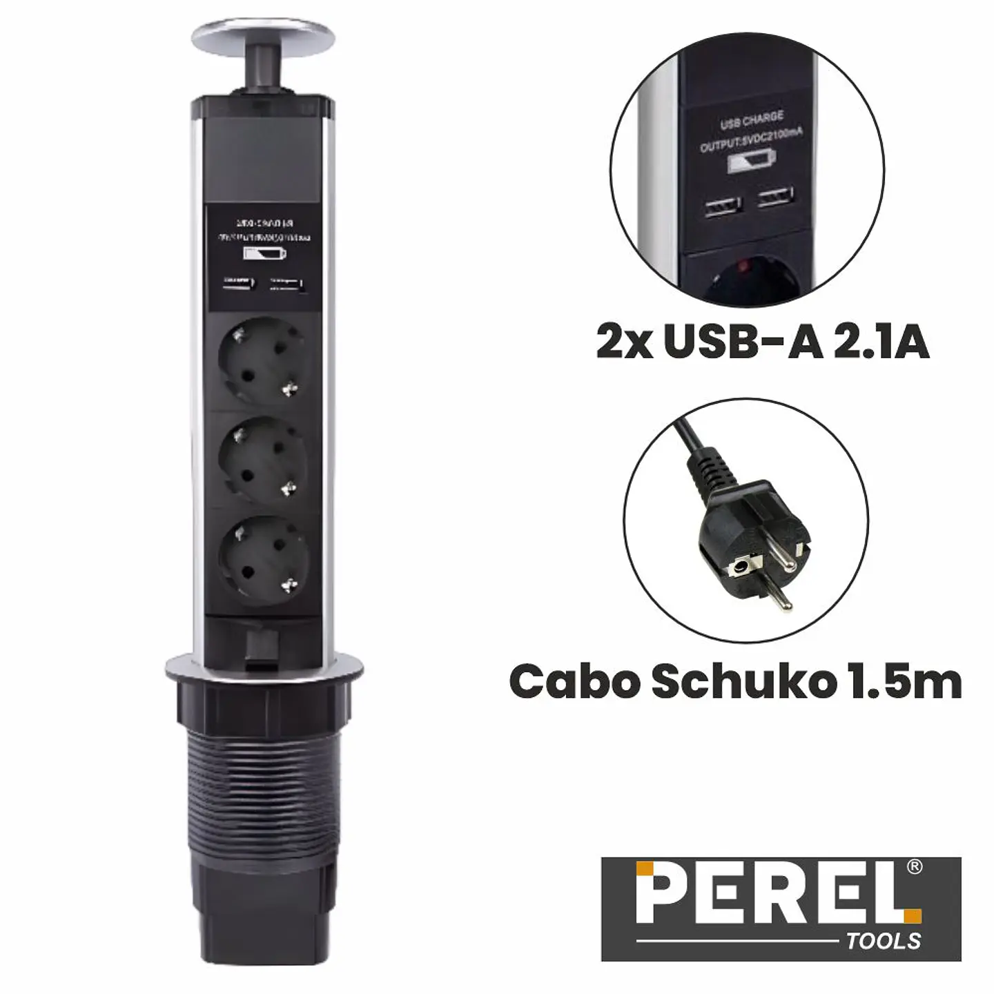 TOMADA ELÉTRICA C/ 3 SAÍDAS E 2 USB 2.1A P/ SECRETÁRIA PEREL 1