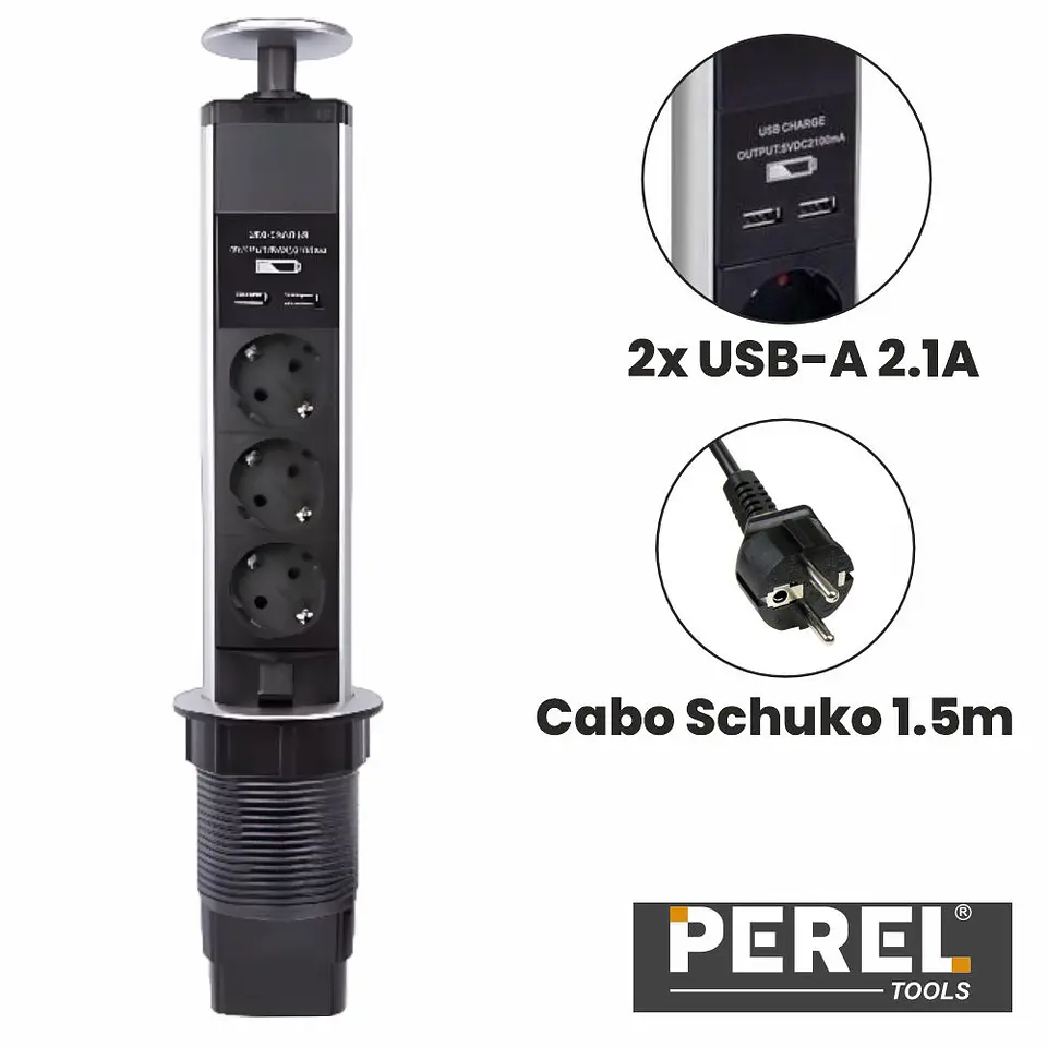 TOMADA ELÉTRICA C/ 3 SAÍDAS E 2 USB 2.1A P/ SECRETÁRIA PEREL 1