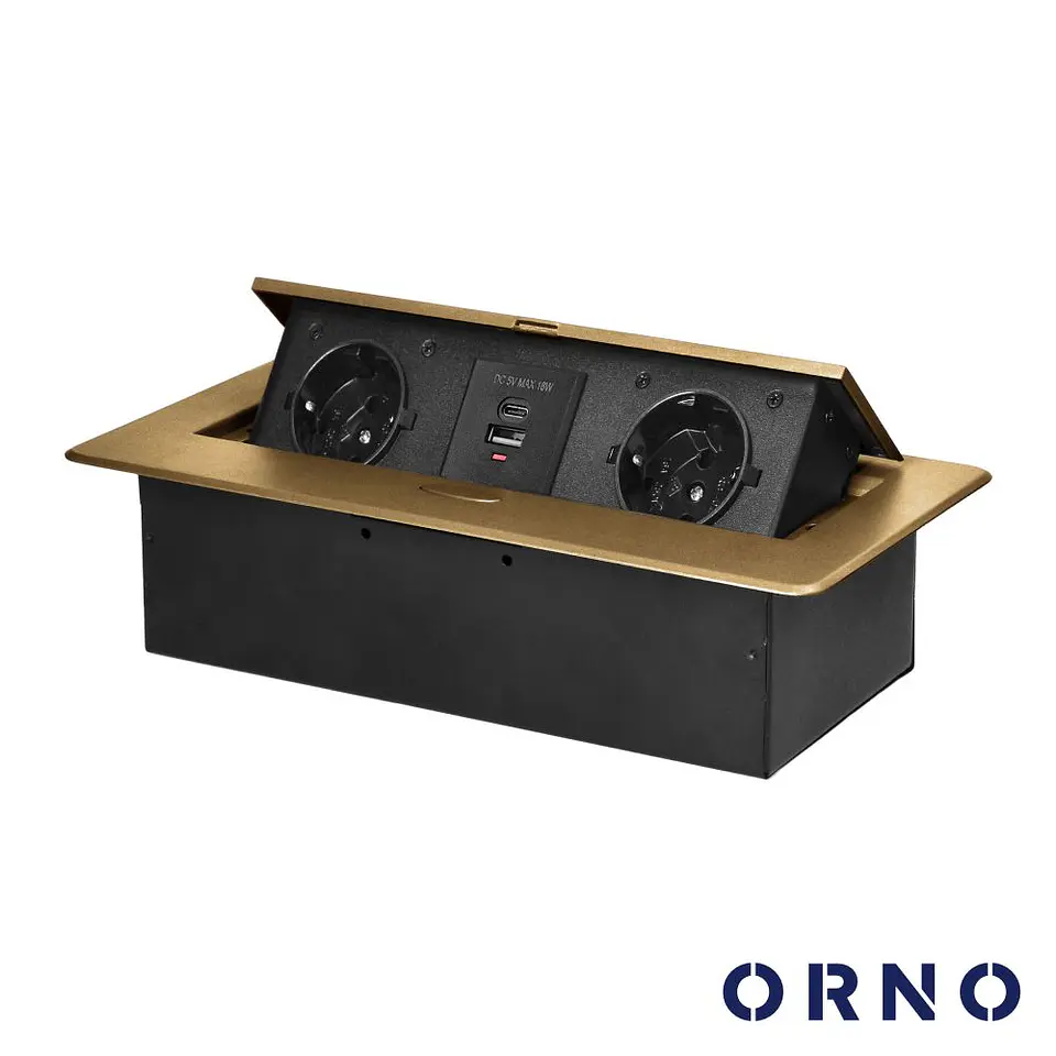 Tomada Elétrica Encastrar 2x Schuko 2x USB Dourado ORNO 1