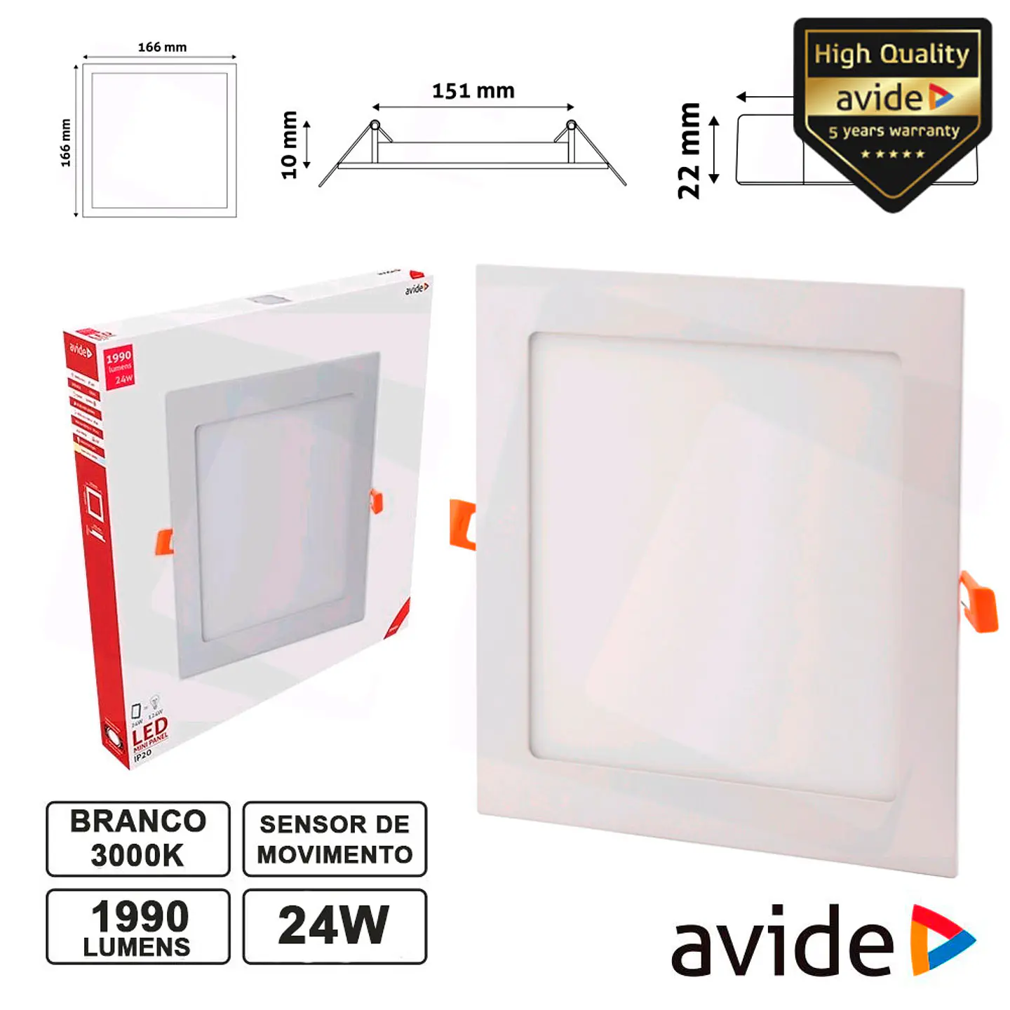 PAINEL LEDS QUADRADO 24W 291MM 3000K 1990LM AVIDE 1