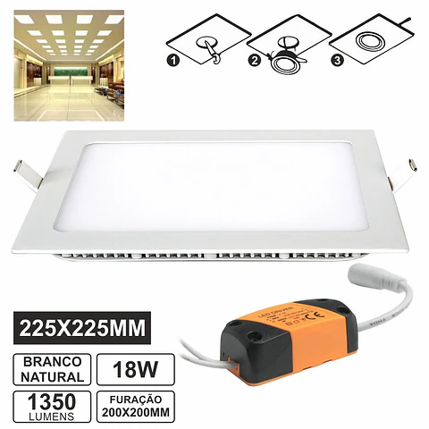 PAINEL LEDS QUADRADO 18W 225MM BRANCO NATURAL 1350LM