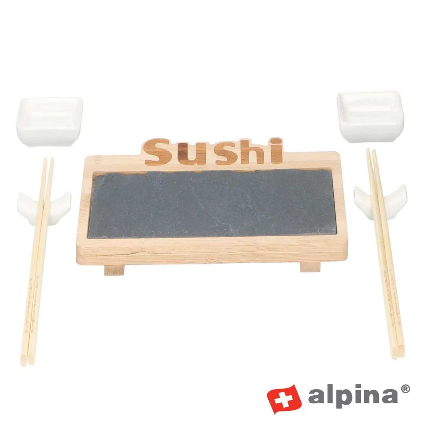 Tábua Bambu C/ Placa Ardósia Tigelas E Pauzinhos ALPINA 1