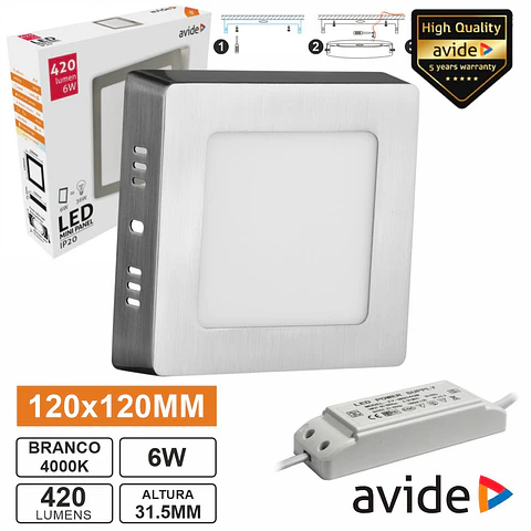 Painel LEDS Quadrado Superfície 6W 120mm 4000K 420lm AVIDE