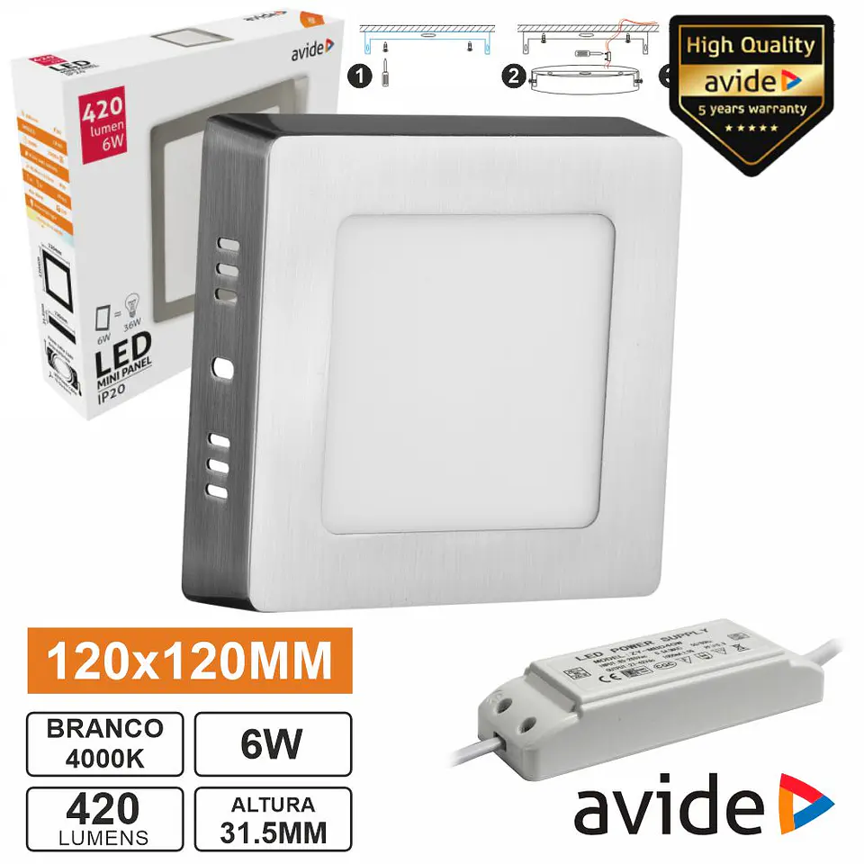 Painel LEDS Quadrado Superfície 6W 120mm 4000K 420lm AVIDE 1