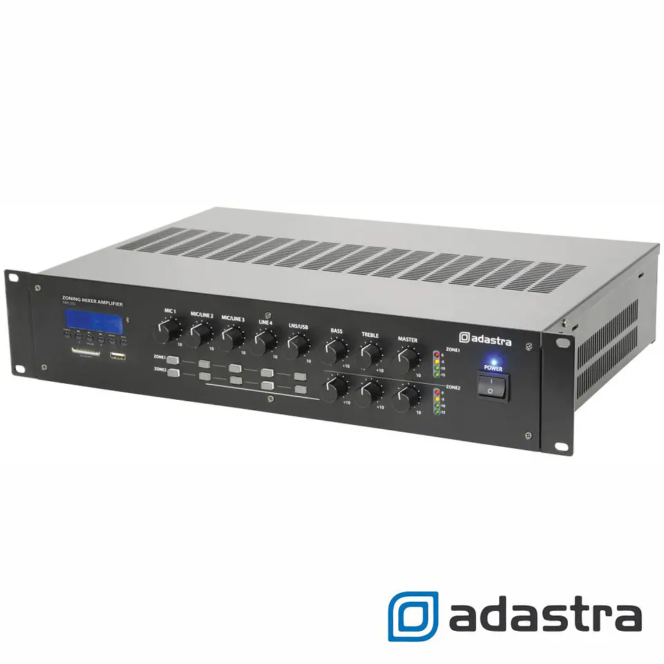 Amplificador 100V 2 Zonas 2x120W USB/SD/FM/BT ADASTRA 1