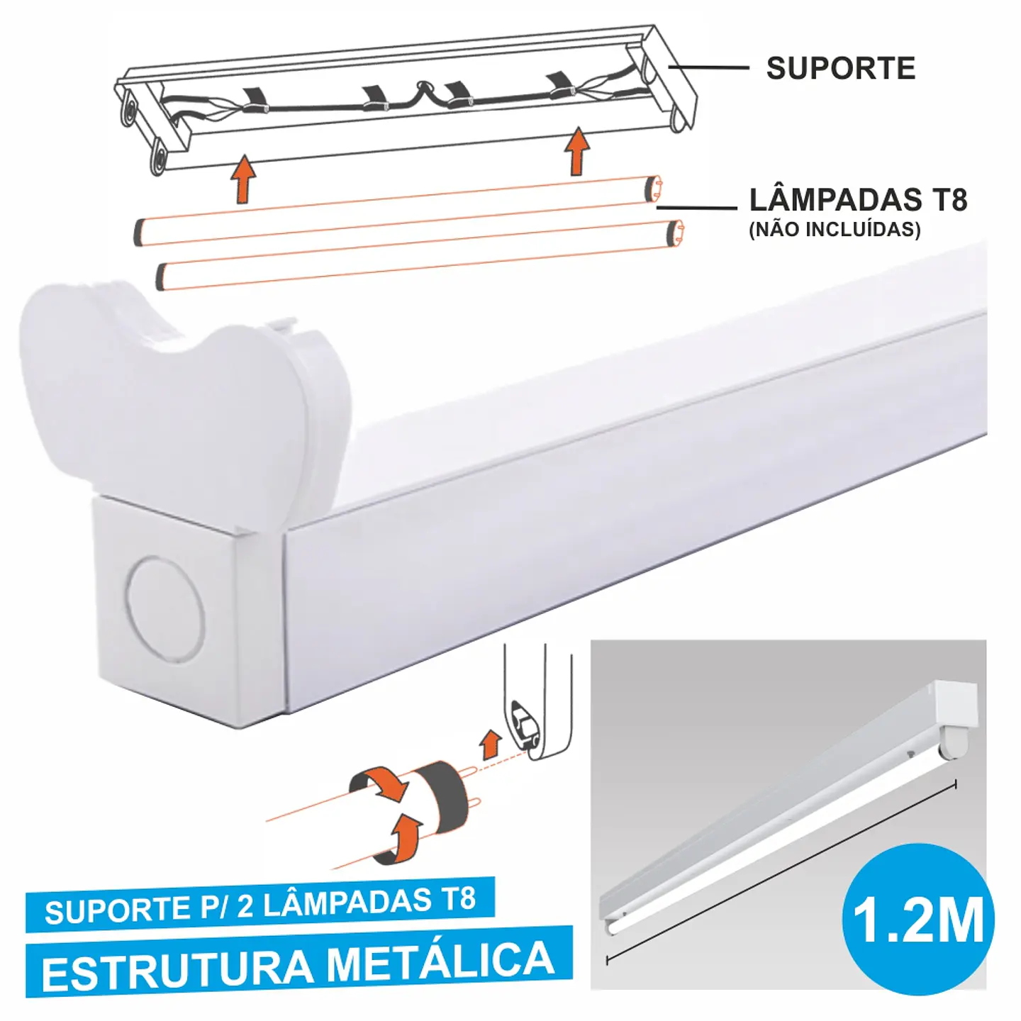 ARMADURA 1.2M P/ 2 LÂMPADAS TUBULAR T8 1