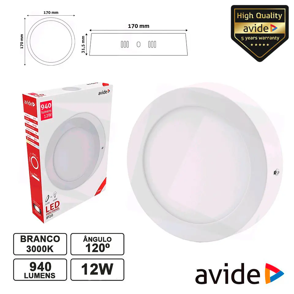 PAINEL LEDS REDONDO SUPERFÍCIE 12W 170MM 3000K 940LM AVIDE 1