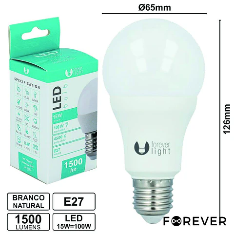 LÂMPADA LED E27 GLOBO A65 15W 230V 4000K 1500LM