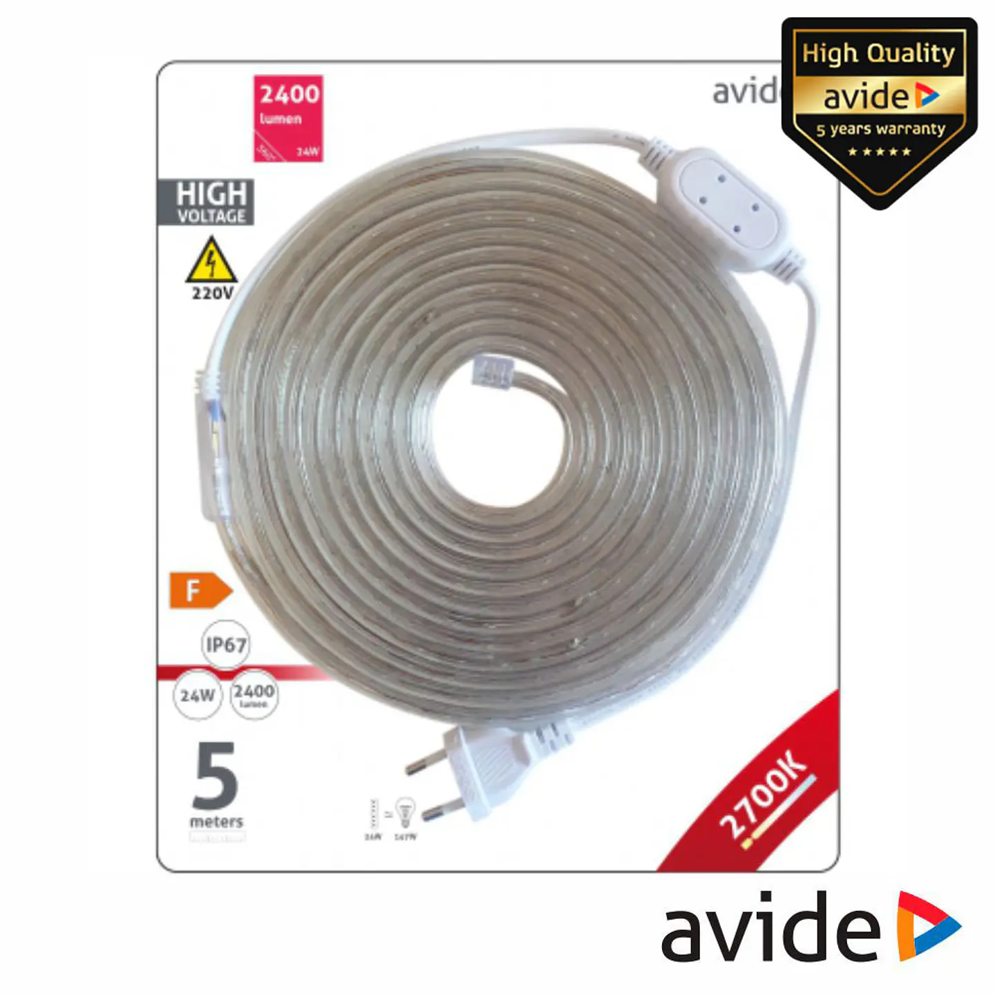 Fita 300 LEDS 3528 2700K 230V 4.8W/m 5m IP67 AVIDE 1