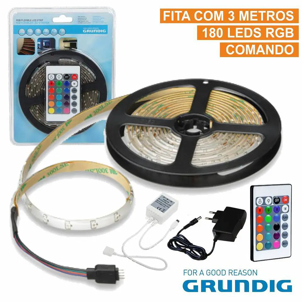 KIT FITA 180 LEDS 3528 IMPERMEÁVEL 12V 3M RGB C/ COMANDO 1