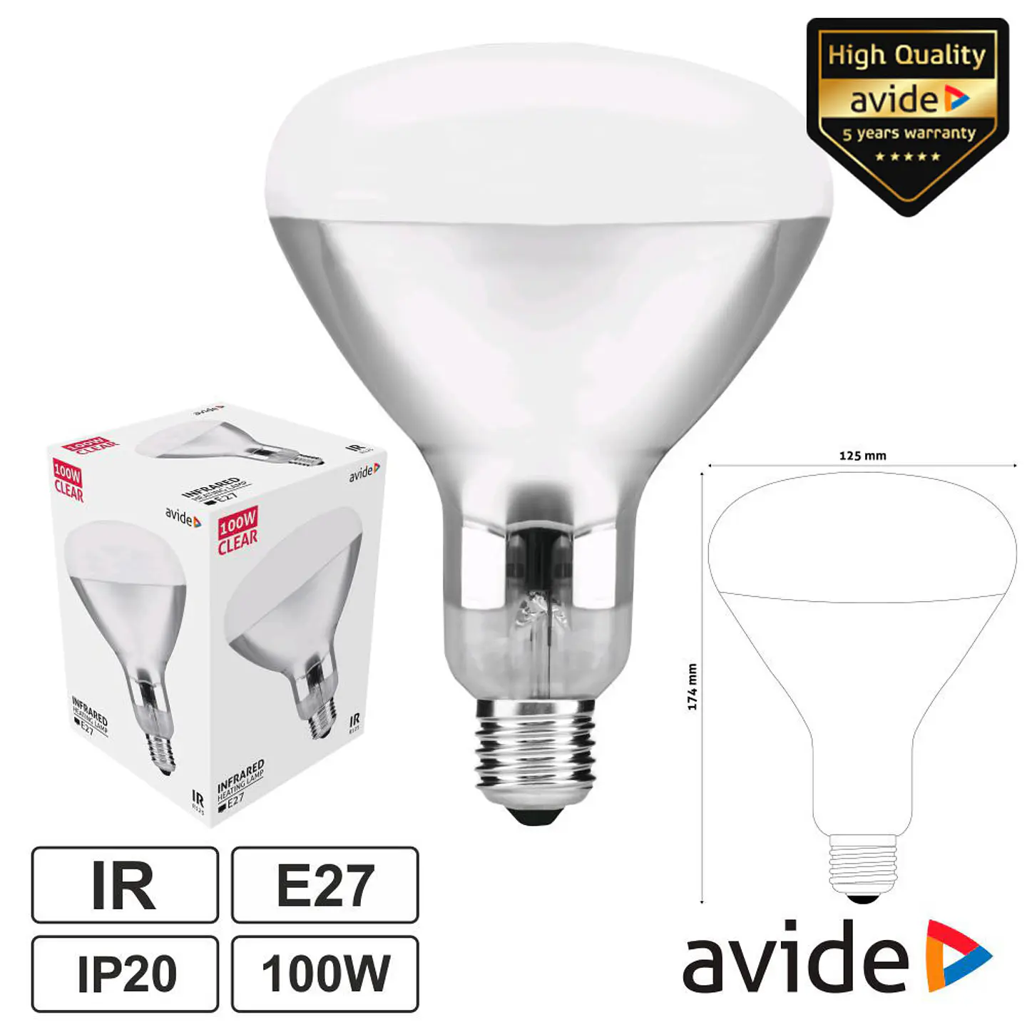 Lâmpada E27 100W Infravermelhos Topo Branco AVIDE 1