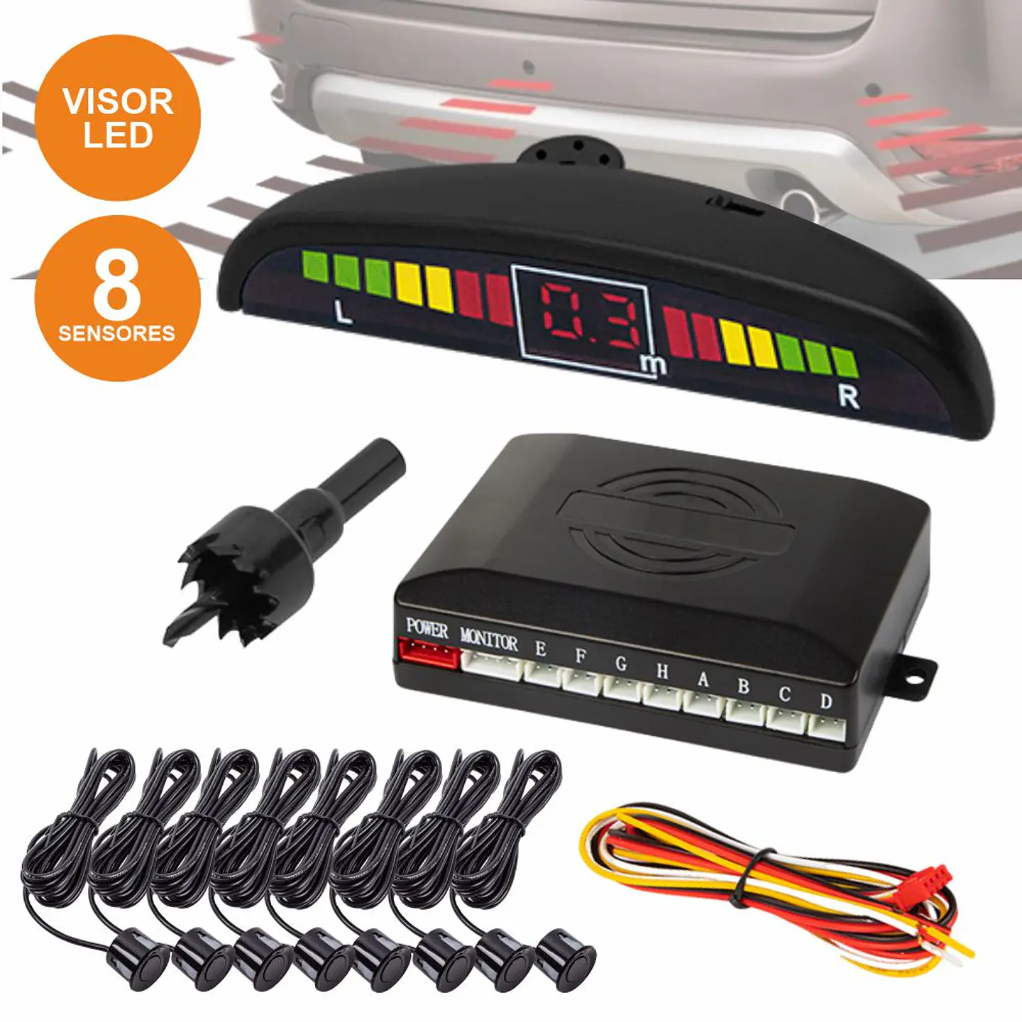 Kit de Estacionamento C/ 8 Sensores Pretos 22mm E Visor 1