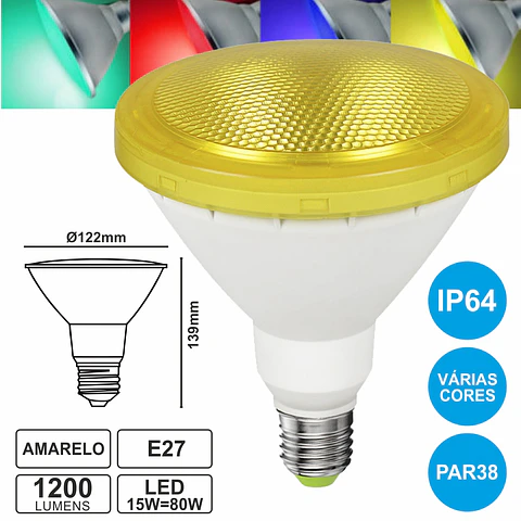 LÂMPADA E27 15W=80W 230V LED PAR38 AMARELA IP64 1200LM