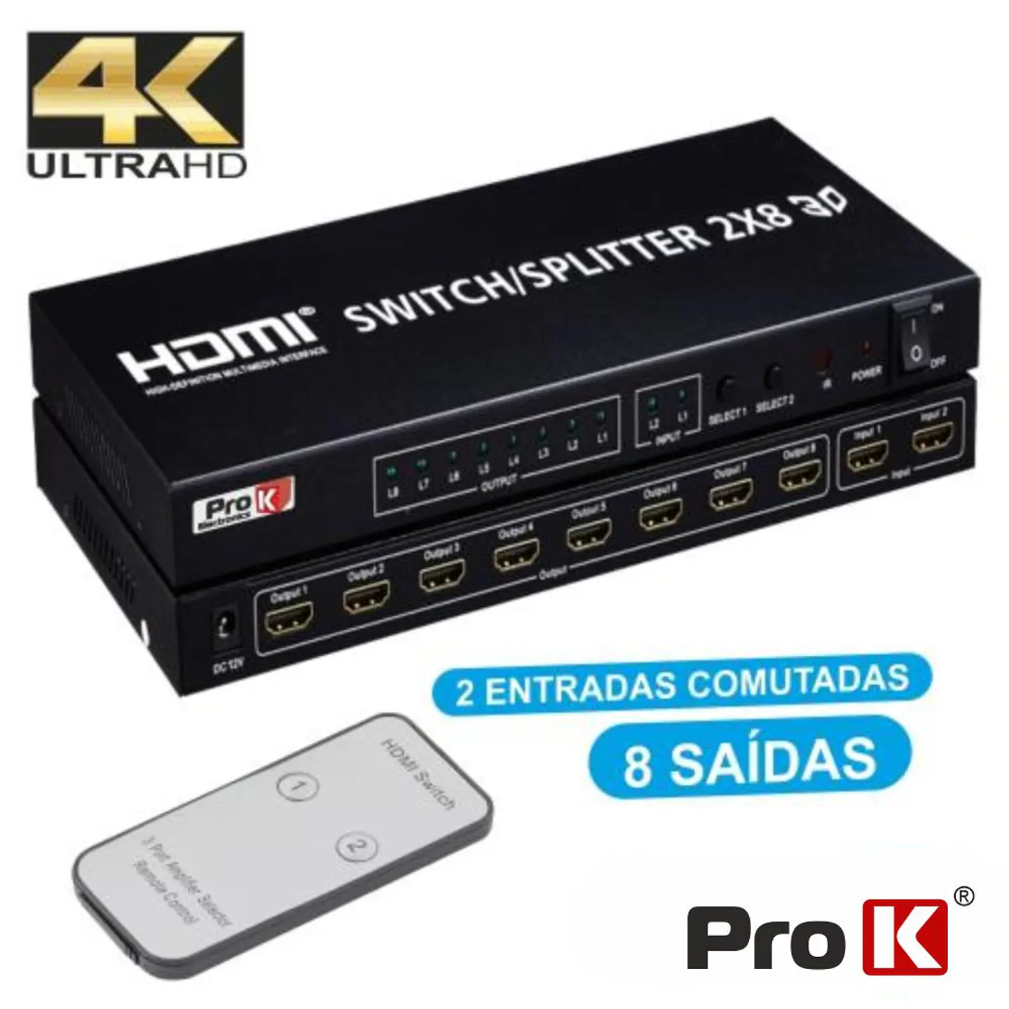 DISTRIBUIDOR HDMI AMPLIFICADO 2 ENTRADA 8 SAÍDAS 4K PROK 1