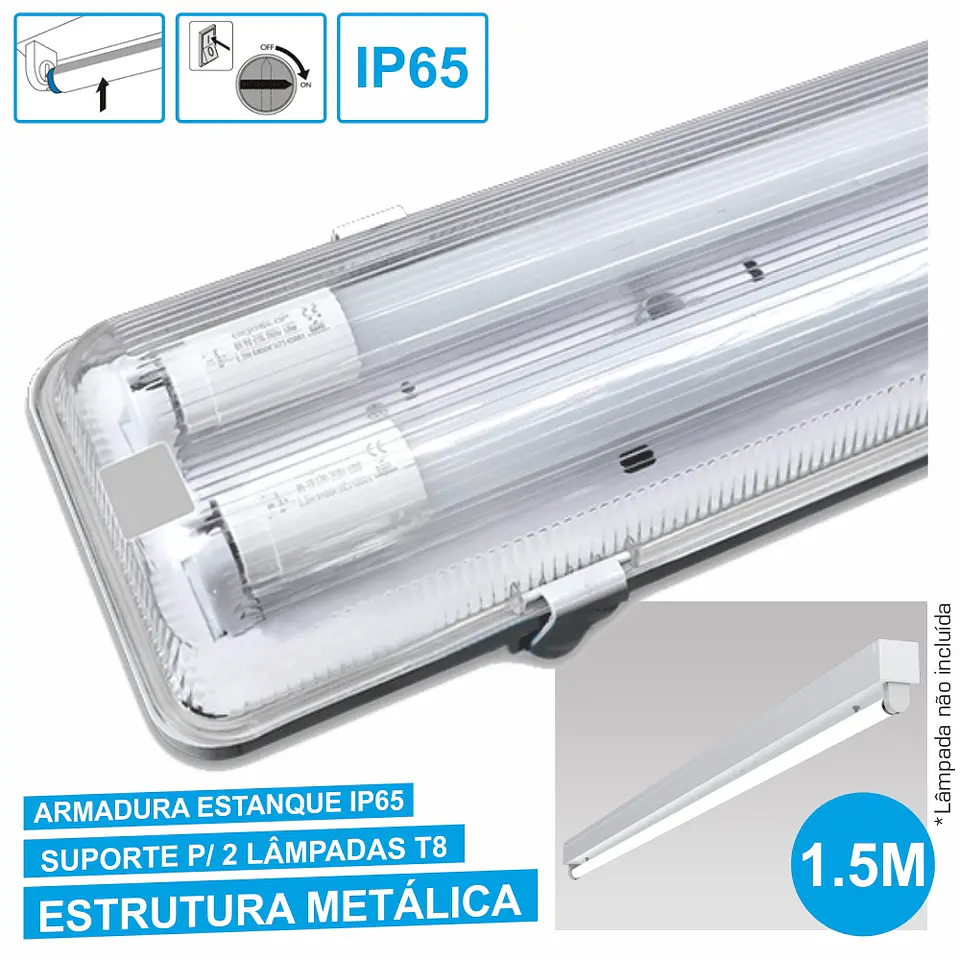 ARMADURA ESTANQUE 1.5M P/ 2 LÂMPADAS LED TUBULAR T8 1