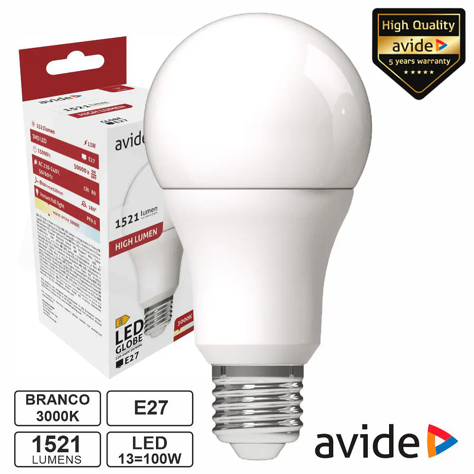 Lâmpada LED E27 Globo A60 13W 230V 3000K 1521lm AVIDE 1