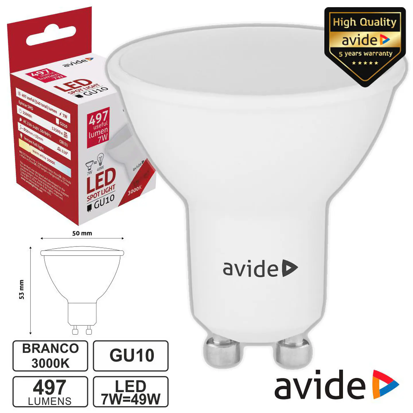 LÂMPADA LED GU10 SPOT 7W 230V 3000K 497LM AVIDE 1