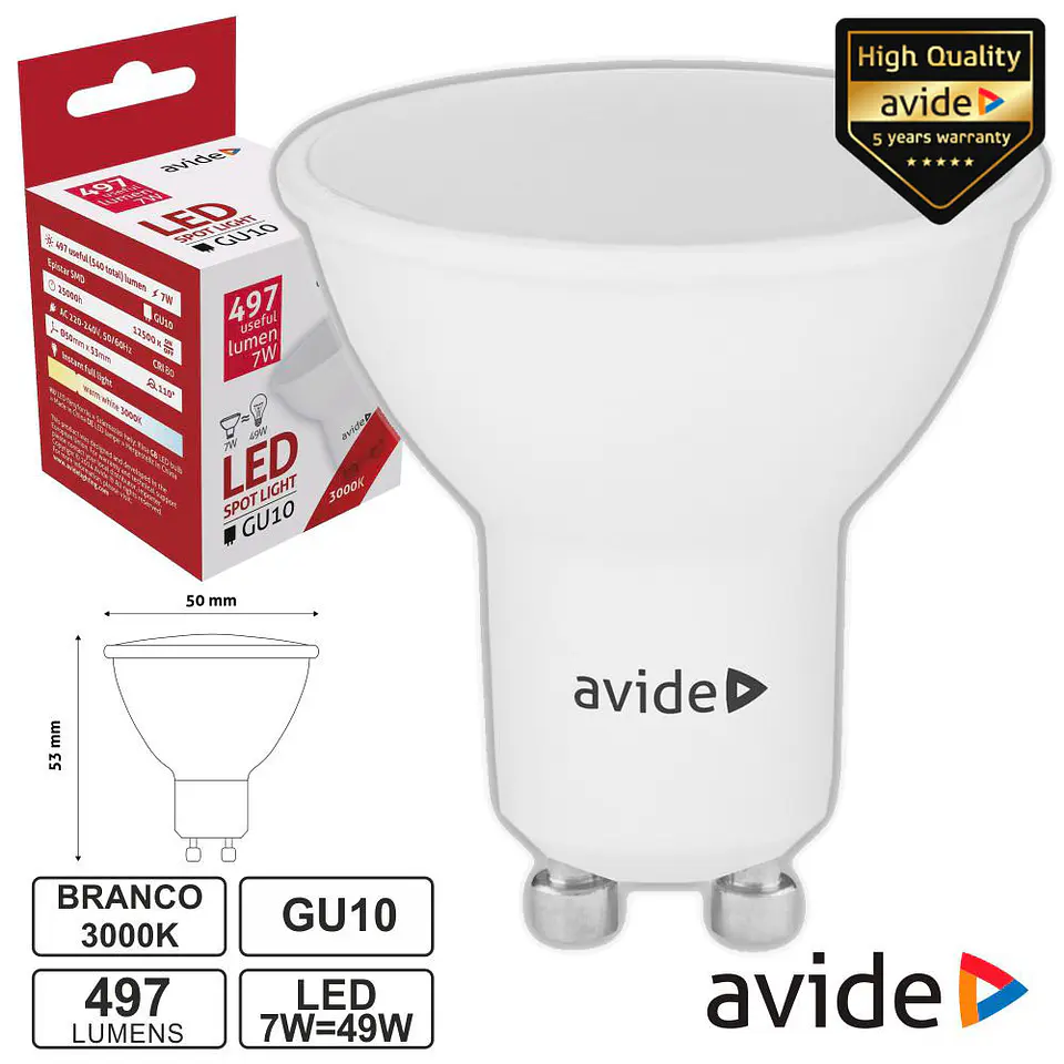 LÂMPADA LED GU10 SPOT 7W 230V 3000K 497LM AVIDE 1