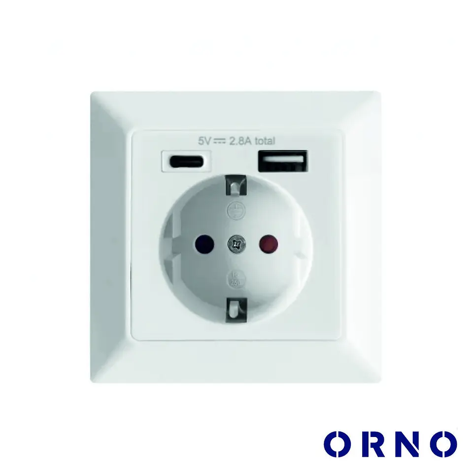 Tomada Elétrica C/ 1 Porta USB-A + 1 Porta USB-C ORNO 1