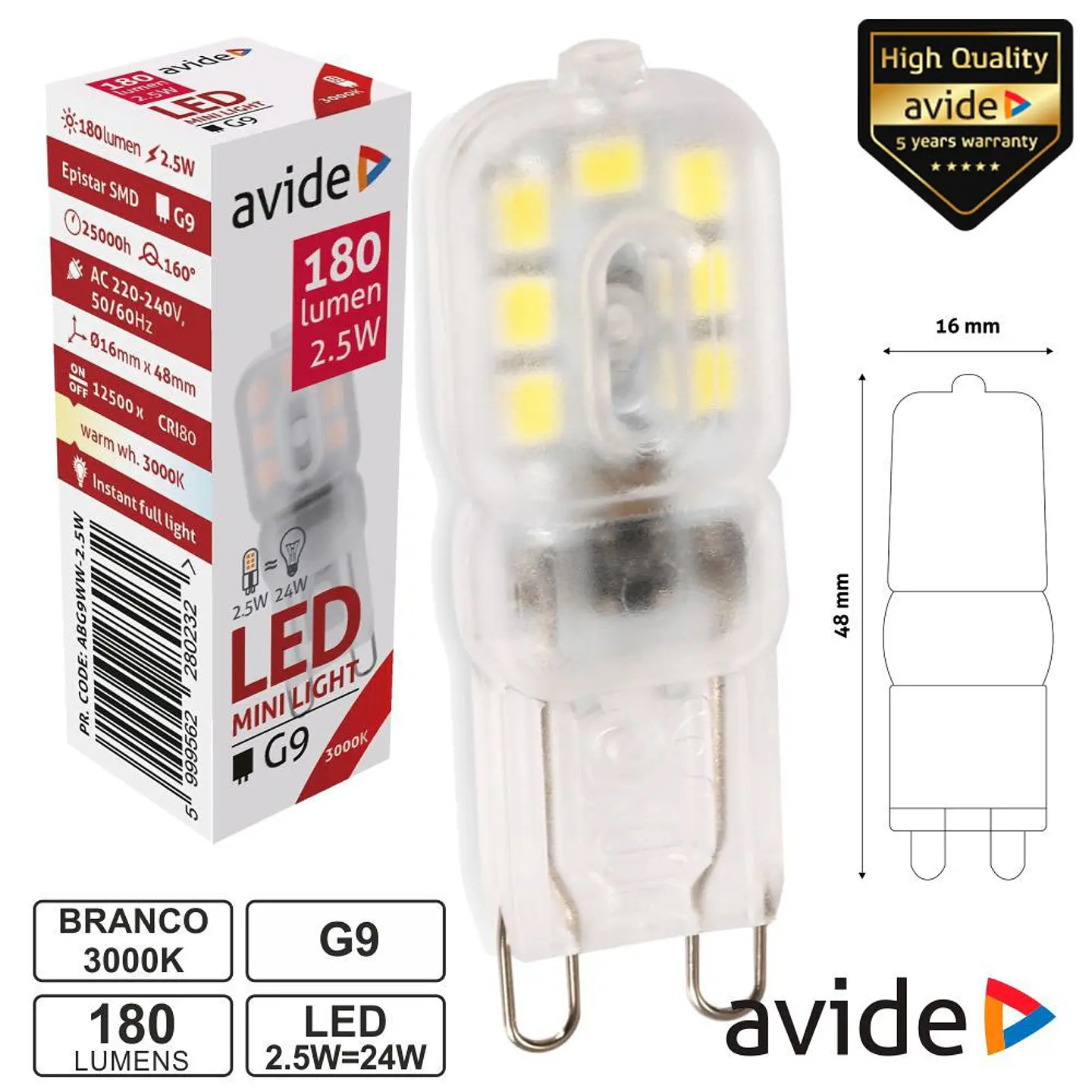 LÂMPADA LED G9 2.5W 230V 3000K 180LM AVIDE 1