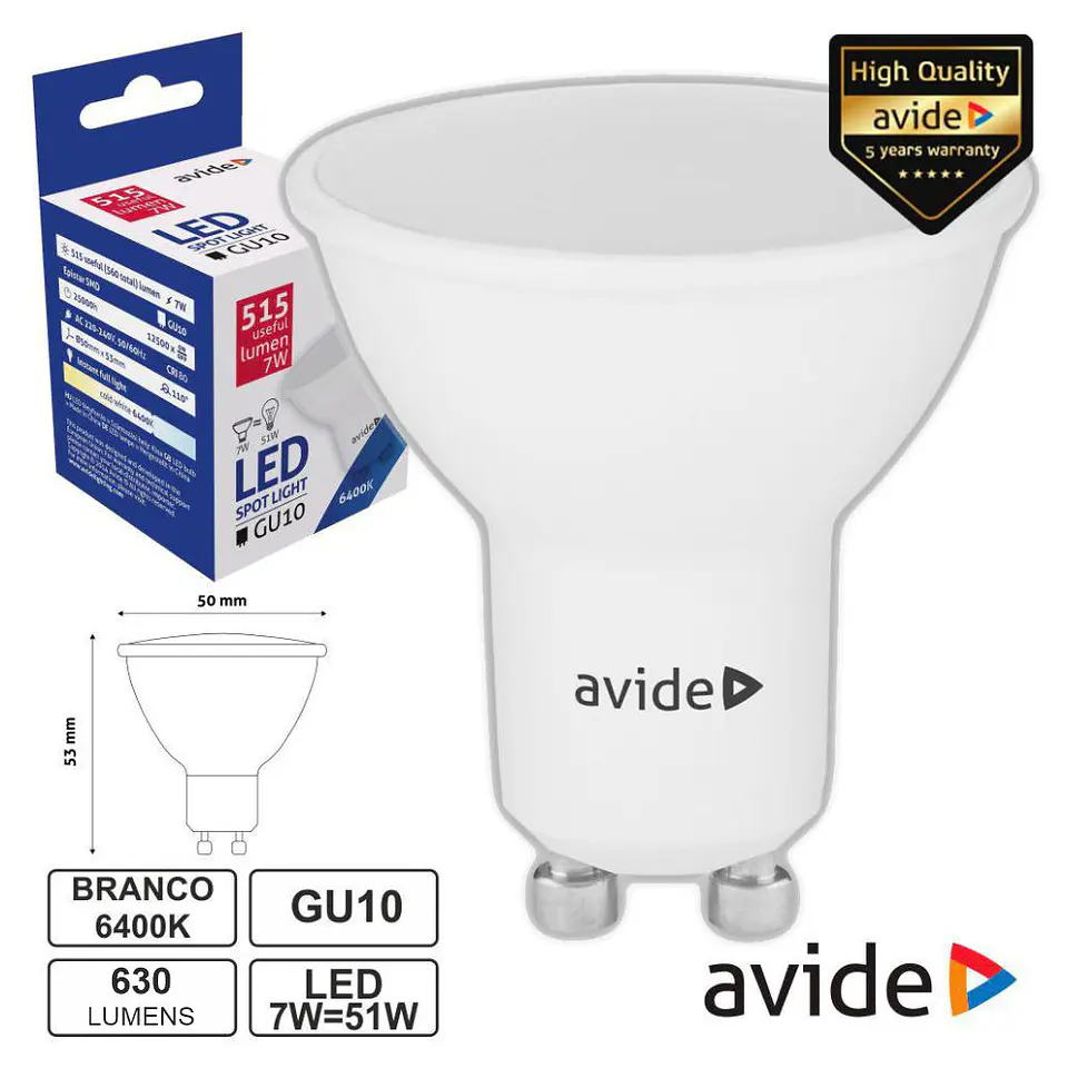 LÂMPADA LED GU10 SPOT 7W 230V 6400K 515LM AVIDE 1
