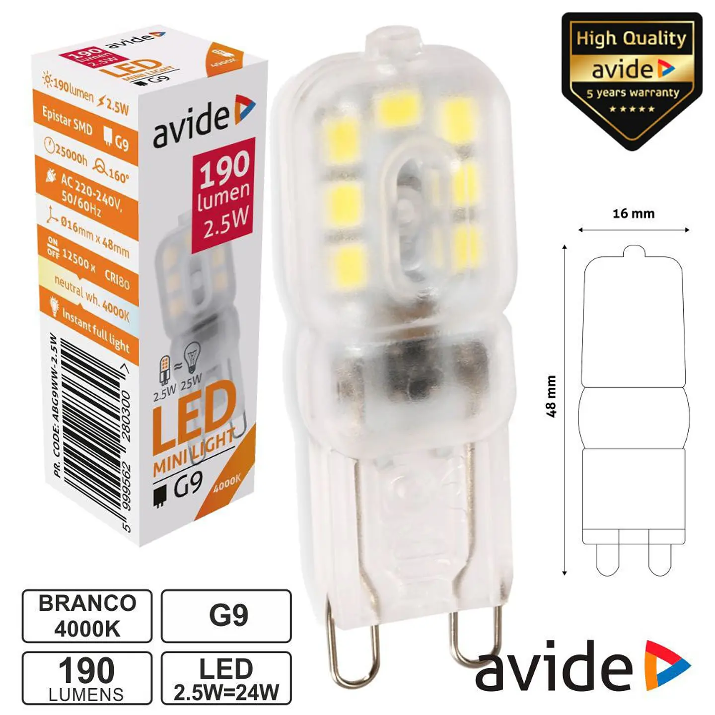 LÂMPADA LED G9 2.5W 230V 4000K 190LM AVIDE 1