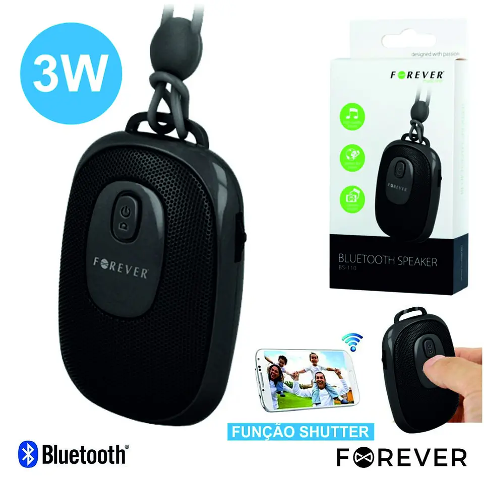 COLUNA BLUETOOTH PORTÁTIL 3W C/ OBTURADOR P/ CÂMARA 1