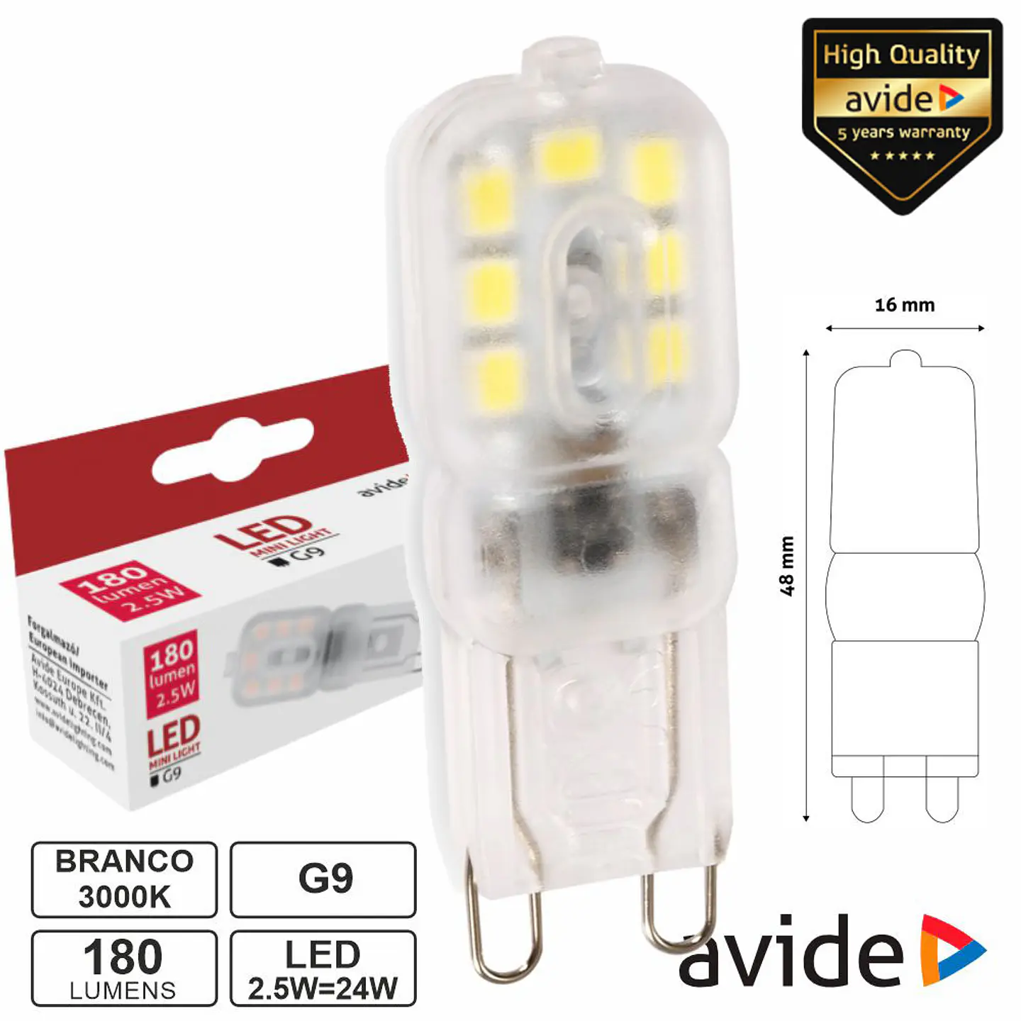 Lâmpada LED G9 2.5W 230V 3000K 180lm AVIDE 1