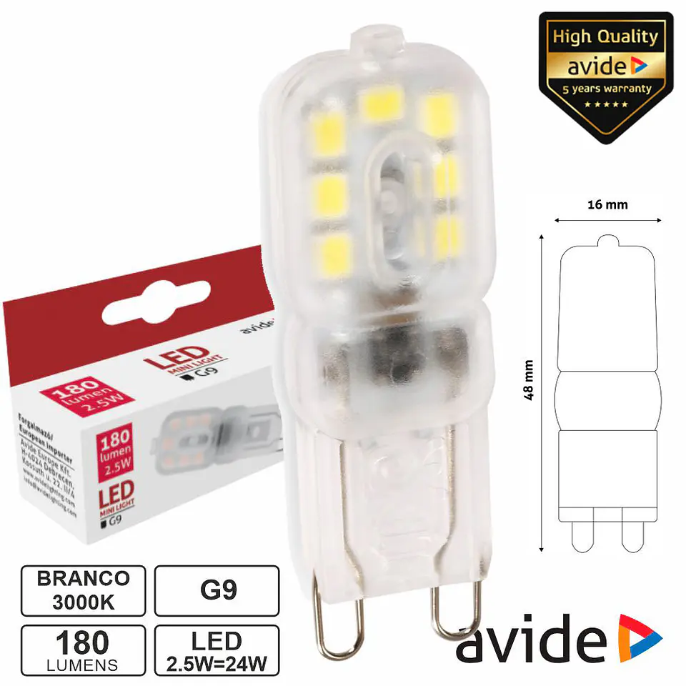 Lâmpada LED G9 2.5W 230V 3000K 180lm AVIDE 1