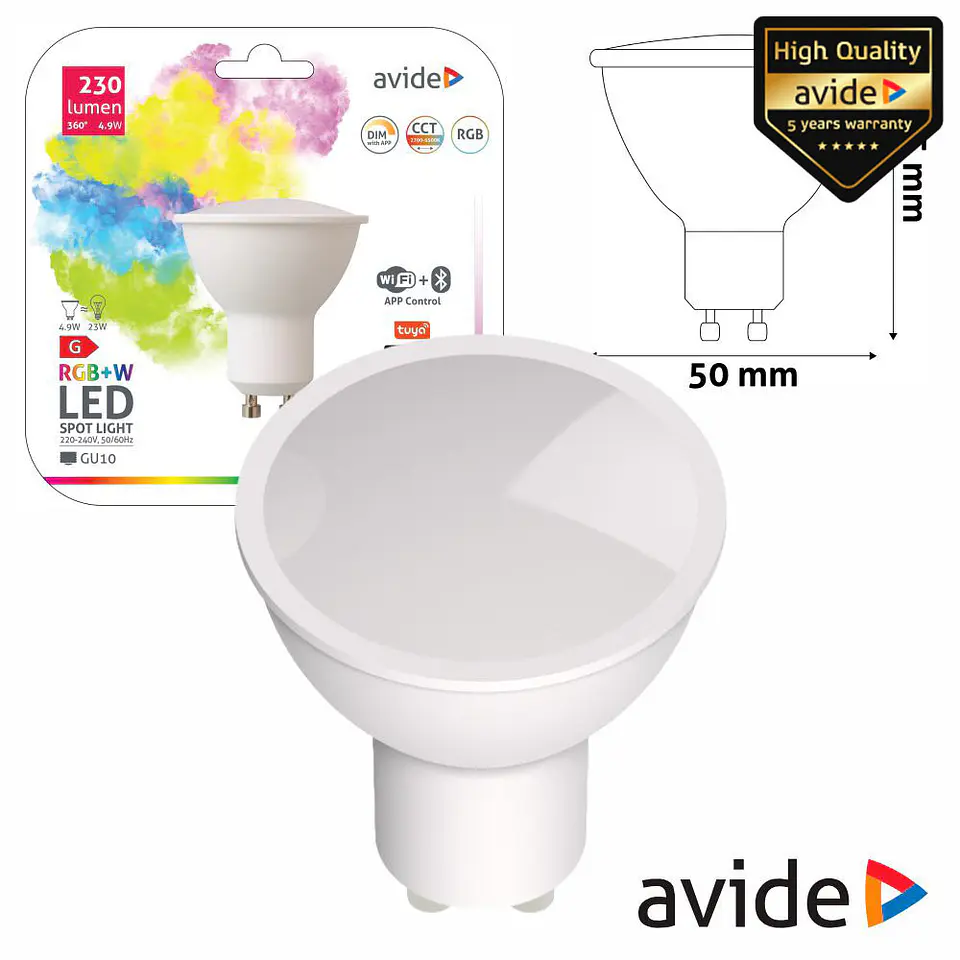 Lâmpada GU10 Dimável 4.9W LED RGBW WIFI AVIDE 1